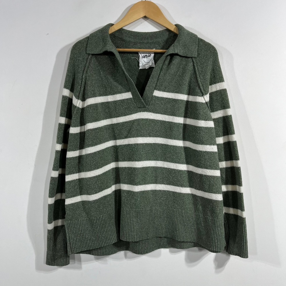 Aerie Fisherman Preppy Old Money Green Striped Polo V-Neck Sweater Knit Small